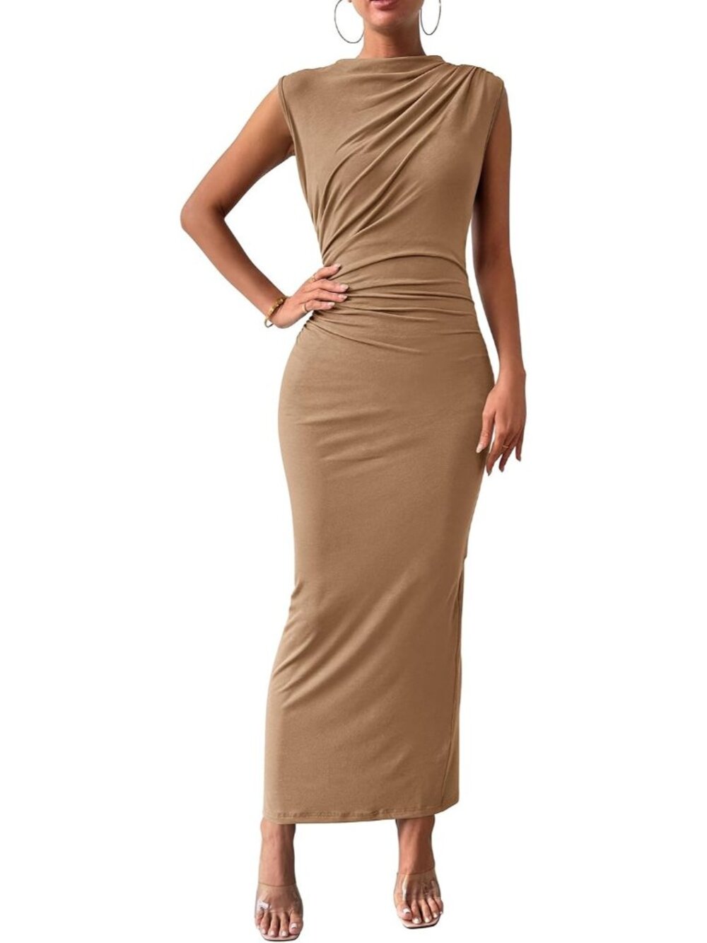 Women's Khaki Summer Casual Sleeveless Lightweight Ruched Bodycon Maxi Dresses